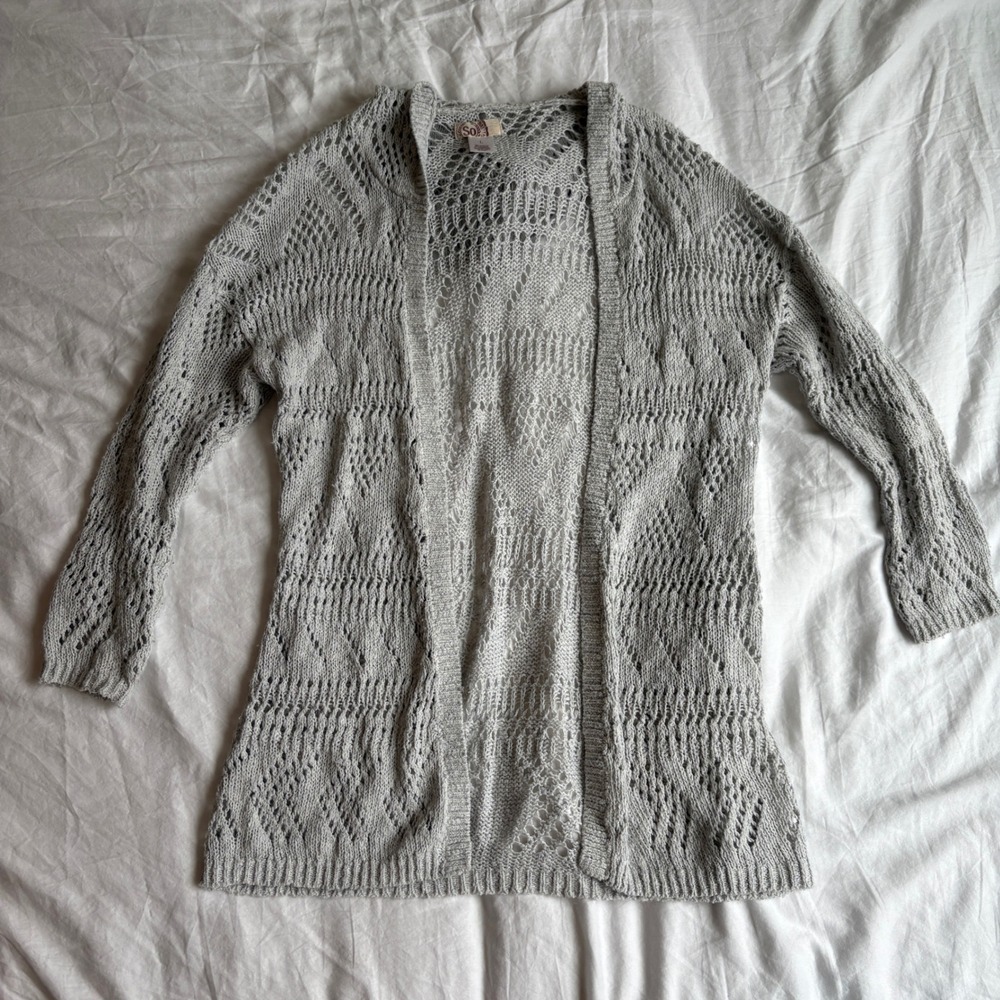 Vintage Style Shimmer Crochet Open Knit Hooded Duster Fairy Core Boho Grey Sz L